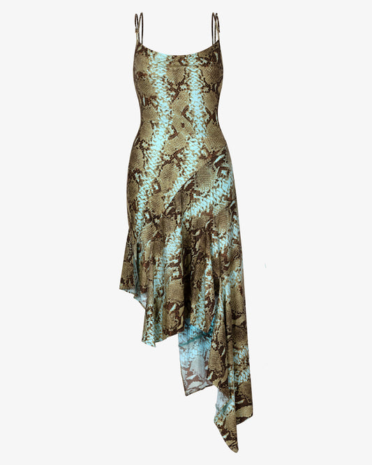Green Python Asymmetric Cowl-Neck Midi Dress