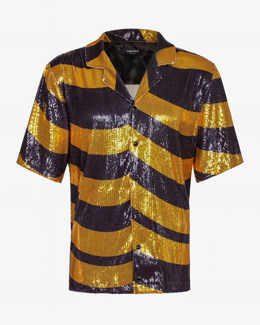 Yellow Swirl Sequin Camp Collar Shirt